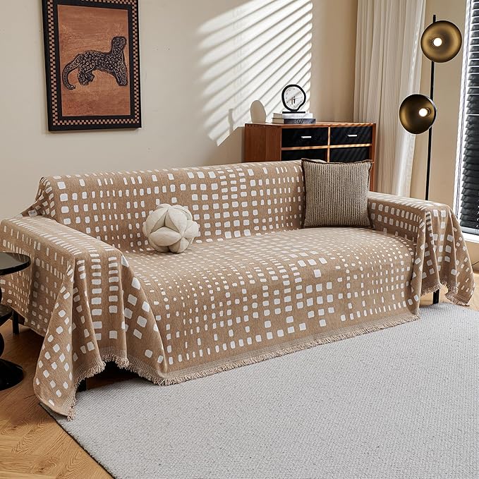 MEETSKY Boho Couch Cover Sofa Covers, Chenille Geometric Khaki Couch Covers for Love Seat Couch Covers for 2 Cushion Couch Sofa Pet Friendly, Washable Sofa Slipcover with Tassels, 71" x 118"