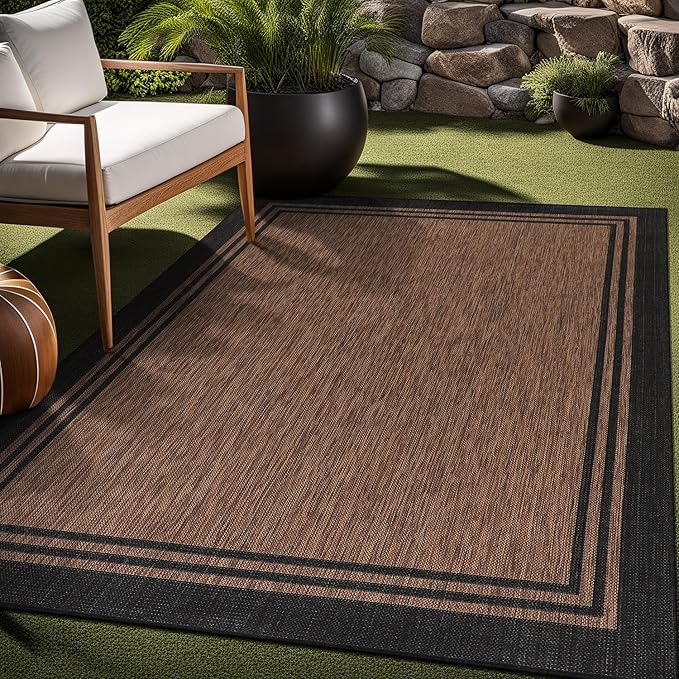 Bordered Outdoor Rug 8x10 Washable Outside Carpet for Indoor Patio Porch Waterproof Easy Cleaning Non Shedding Area Rugs Nut Brown 8 x 10