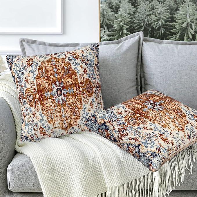 Ethnic Boho Throw Pillow Covers Set of 2 Rug Boho Style Ethnic Design Pillow Covers 16x16 Inch Modern Farmhouse Home Decorative Pillow Cases Cushion Cover for Sofa Living Room Office
