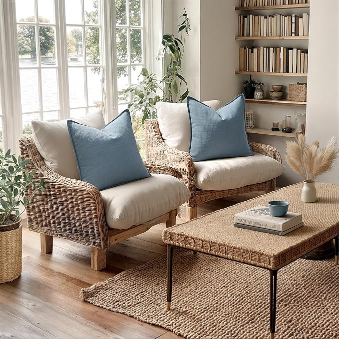 MIULEE Decorative Pillow Covers 20x20, 2 Pack Boho Farmhouse Neutral Throw Pillows for Couch, Thick Textured Modern Linen Cushion Cases Sofa Bed Living Room Home Decor, Blue