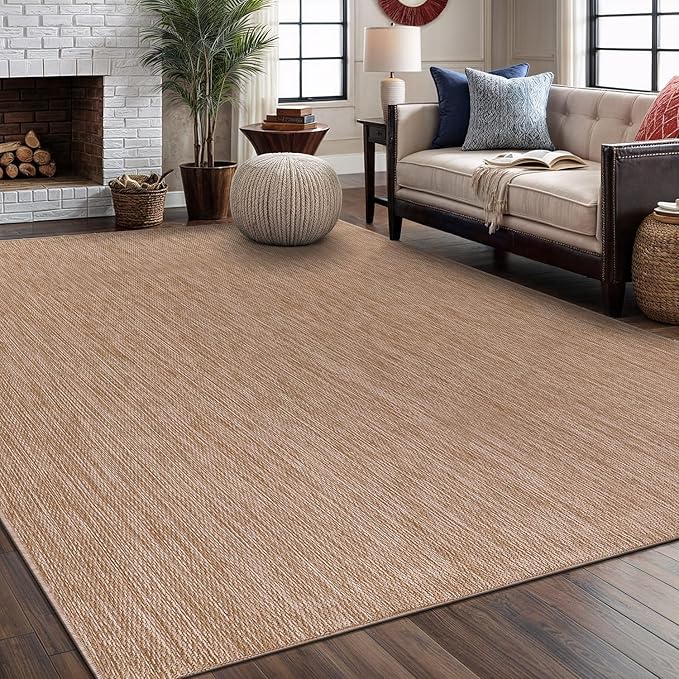 Washable Indoor Outdoor Rug 10x14 Weather Resistant Area Rugs Modern Solid Jute Rug for Porch Deck Balcony Backyard Patio Outside Carpet (10 X 14 Jute Beige)