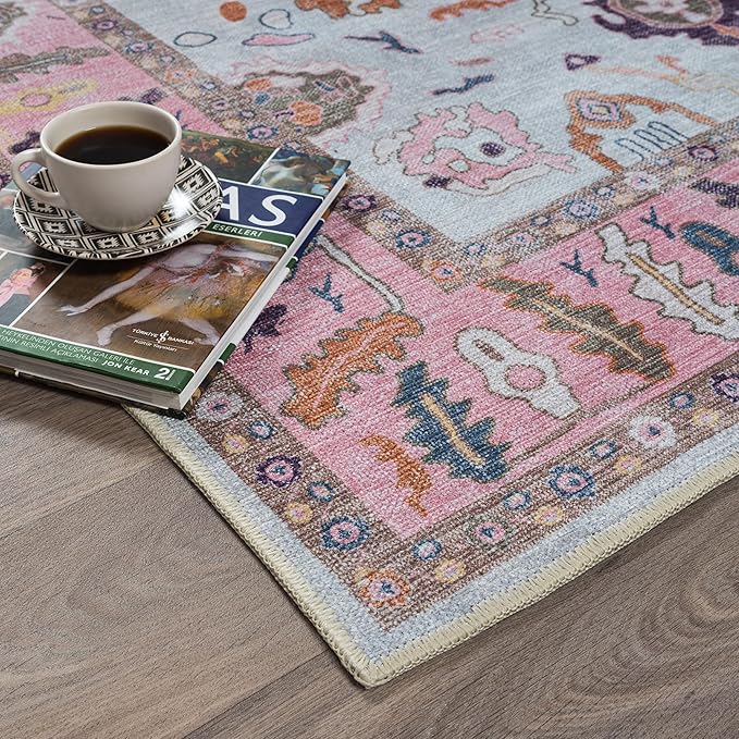 Fame Rugs Pink Beige Modern Oushak Rug 2'6"x10, Vintage Turkish Colorful Oriental Antique Inspired Foldable Long Washable Runner Rugs, Luxury Living Room Bedroom (390PP, 2'6" x 10')
