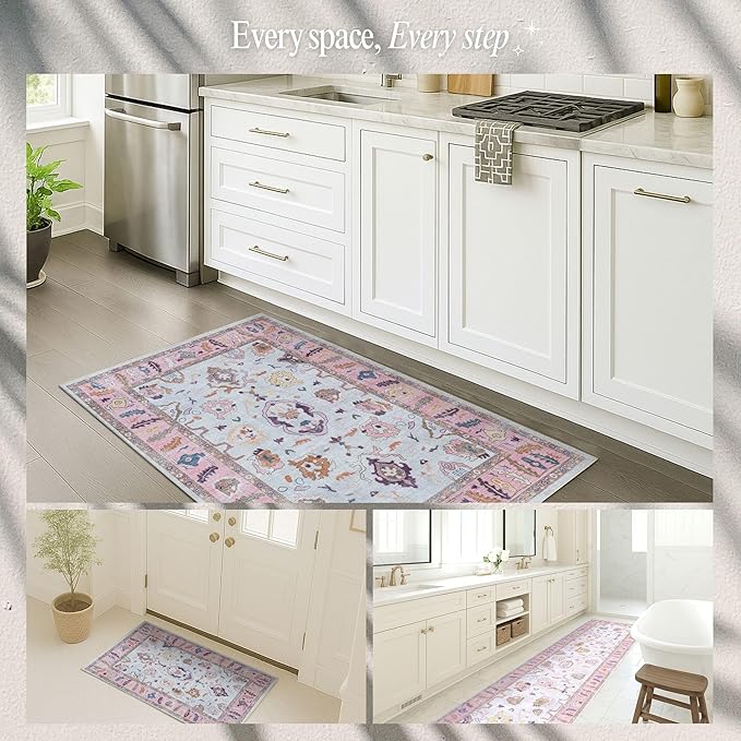 Fame Rugs Pink Beige Modern Oushak Rug 3x5, Washable Vintage Turkish Colorful Oriental Antique Inspired Foldable Small Area Rugs, Luxury Living Room Bedroom (390PP, 2'6" x 5')
