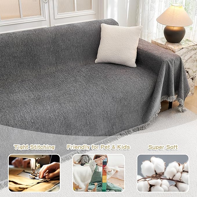 MYSKY HOME Couch Cover for Dogs Washable, Couch Covers Couch Covers for Dogs Couch Cover 2 Cushion Sofa Non Slip Dog Furniture Protector with Tassels Chenille Sofa Covers for Pets, 71"x102", Dark Grey
