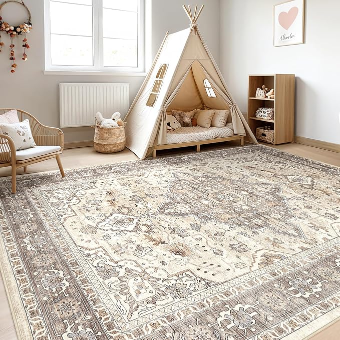 9x12 Area Rug Living Room: Washable Boho Large Neutral Vintage Soft Rugs Stain Resistant Farmhouse Non Slip Indoor Floor Carpet for Bedroom Nursery Kids Playroom Office Dining Room Home Decor- Brown