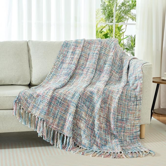 Multi-Color Pink Blue Cable Knitted Throw Blanket for Couch,50"X60" Boho Style Textured Blankets for Home Decor,Super Soft Warm Cozy Chunky Knit Blanket with Decorative Tassels for Bed