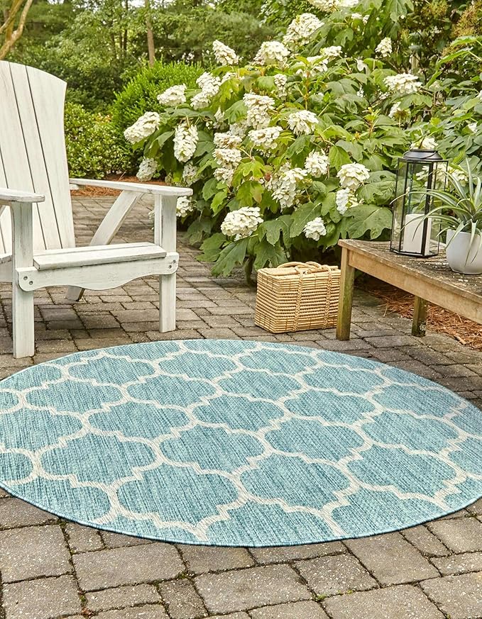 Unique Loom Outdoor Trellis Collection Area Rug - Trellis (Round 10' 8" x 10' 8", Aquamarine/ Gray)