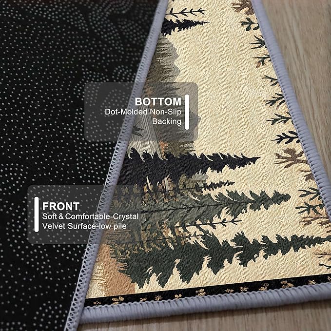 Vintage Bear Claw Fishing Boat Rug 2x4ft Elk Pine Forest Bohemian Carpet, Non-Slip Nursery Rug with Washable Surface, Brown Retro Floor Mat for Cabin Decor