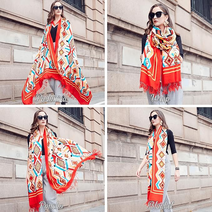 DANA XU 100% Merino Wool Pashmina Shawl for Women 96"x43", Oversized Cashmere Wrap with Tassels, Floral Travel Blanket Cape