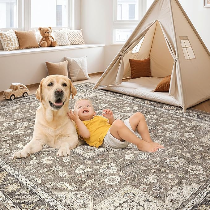 Vintage Living Room Area Rug 5x7 - Large Soft Washable Oriental Traditional Distressed Farmhouse Rugs for Bedroom - Indoor Floor Accent Carpet for Home Office House Decor - Brown