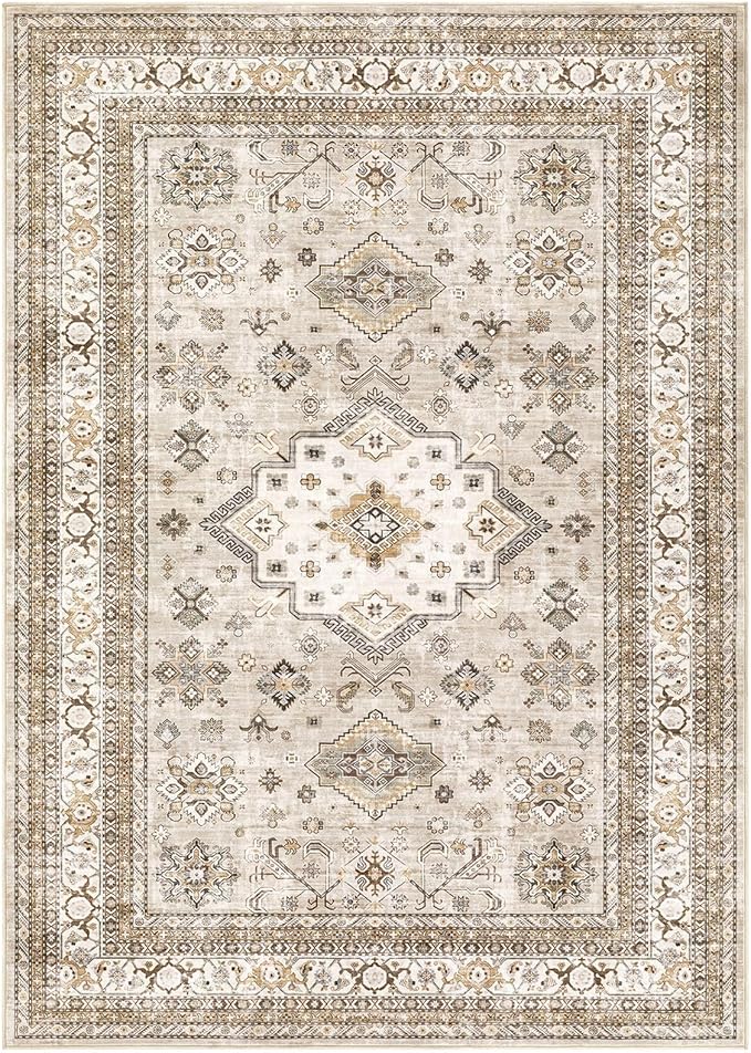 Vintage Living Room Area Rug 5x8 - Large Soft Washable Oriental Traditional Distressed Farmhouse Rugs for Bedroom - Indoor Floor Accent Carpet for Home Office House Decor - Beige