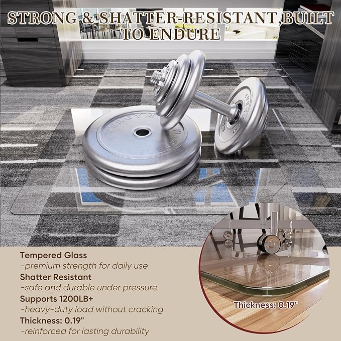 45"x55" Tempered Glass Office Chair Mat for Carpet & Hardwood Floor, 1/5" Thick Clear Floor Protector Desk Chair Mat with Rounded and Polished Edges