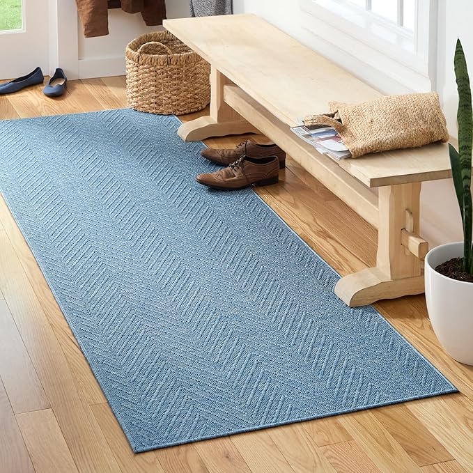 TOWN & COUNTRY BASICS Pax Herringbone Textured Solid Everwash® Washable Runner Area Rug, Low Pile, Non-Slip Backing, Easy Clean Pet & Family Friendly Rug, Blue, 2'5"x10'2"