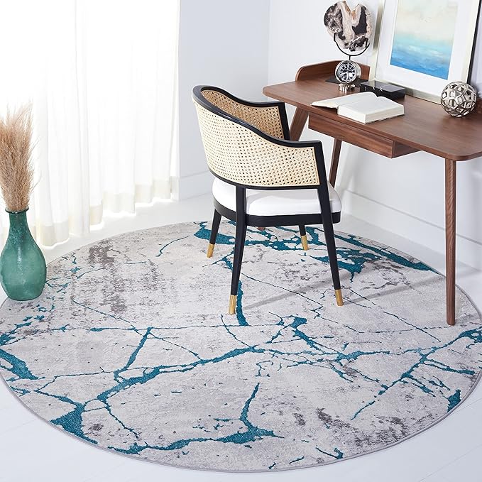SAFAVIEH Amelia Collection 6'7" Round Grey/Aqua ALA293H Modern Abstract Non-Shedding Entryway Foyer Living Room Bedroom Kitchen Area Rug