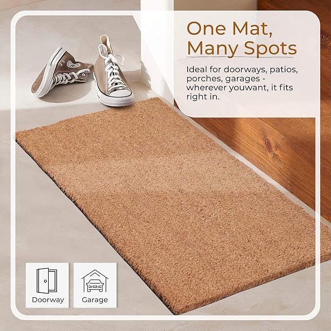 Coir Door Mats 17" X 30", Pack of 1, Non-Slip Sturdy, PVC Backed, Heavy Duty, Easy to Clean, Ideal for Door Entrance, Patio, Porch, Backyard, Garages, Plain Mat