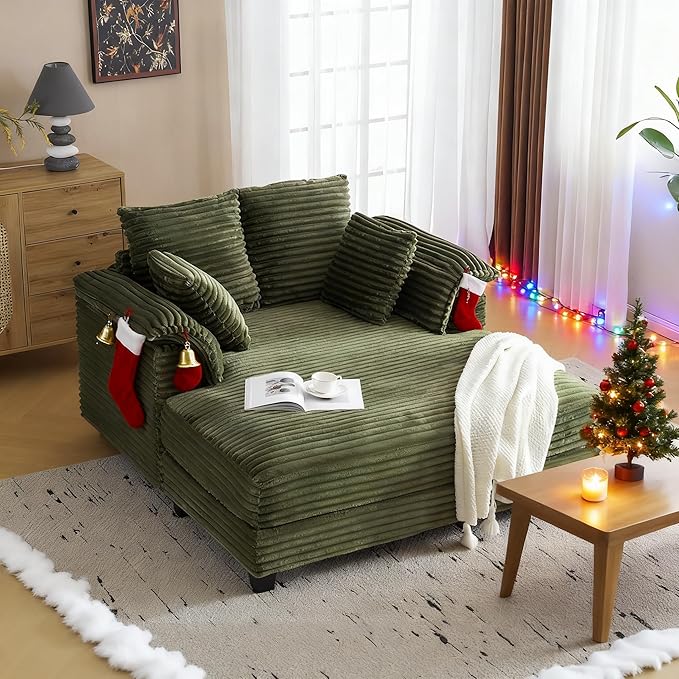 VINGLI Lounge Chair, 56" Oversized Reading Chair Corduroy Chaise Sofa Recliner Bed Upholstered Comfy Sleeper Couch with Throw Pillows and Armrests for Living Room, Movie Room, Bedroom