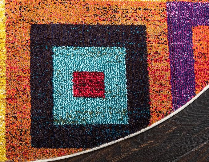 Unique Loom Estrella Collection Colorful, Geometric, Squares Modern, Abstract Area Rug (8' 0 x 8' 0 Round, Multi/Beige)