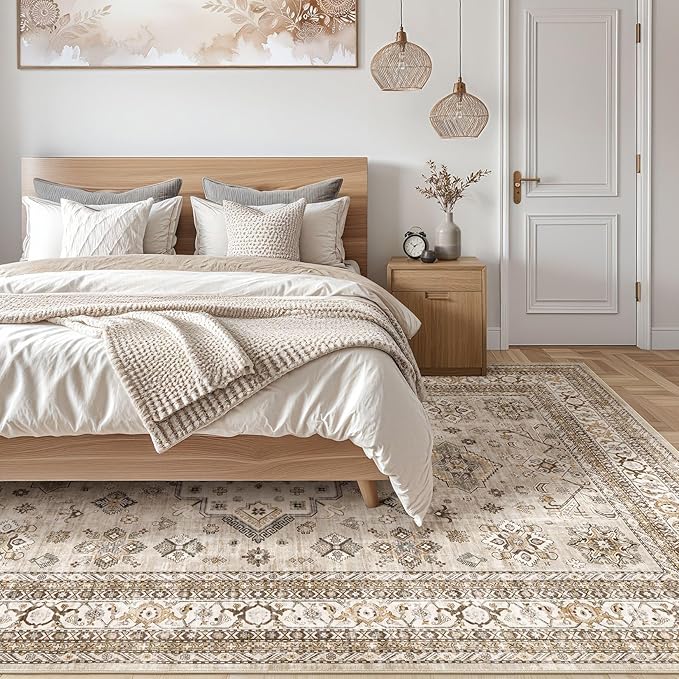 Vintage Living Room Area Rug 7x9 - Large Soft Washable Oriental Traditional Distressed Farmhouse Rugs for Bedroom - Indoor Floor Accent Carpet for Home Office House Decor - Beige