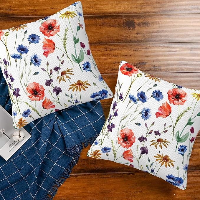 Wildflowers Throw Pillow Covers Set of 2 Watercolor Poppy Pillow Covers 20x20 Inch Modern Farmhouse Home Decorative Pillow Cases Cushion Cover for Sofa Living Room Office