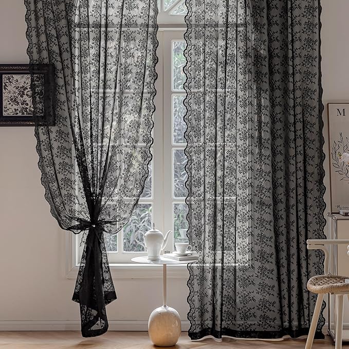 Anmao Vintage Black Lace Curtains 84 Inches Long 2 Panels Set, Romantic Elegant Light Filtering Semi Sheer Floral Thick Lacy Curtain Drapes for Living Room and Bedroom, Each Panel 55W x 84L, Black