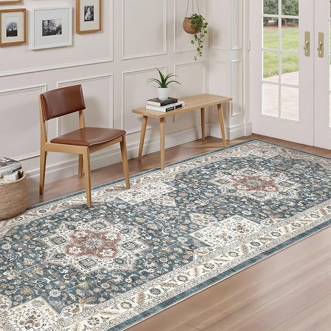 Vintage Hallway Runner Rug 3x8: Large Soft Washable Entryway for Kitchen Laundry Room Non-Slip Backing Runner for Entrance Living Room Bedroom Bathroom - Vintage Blue