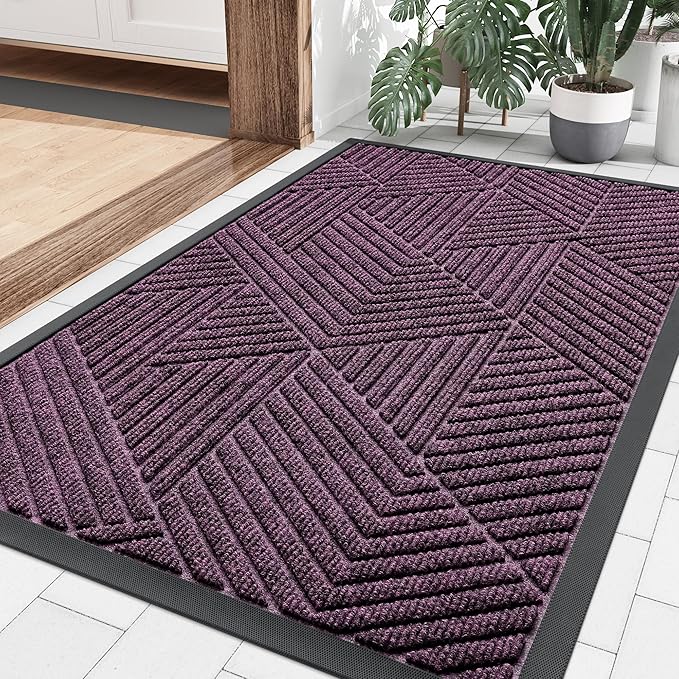 Smiry Front Door Mat Outside Entrance, Heavy Duty Sturdy Natural Rubber Doormat, Trap Dirt and Moisture, Easy Clean Low Profile Mats for Indoor Outdoor Entry, Irregular Triangle (36x24, Purple)