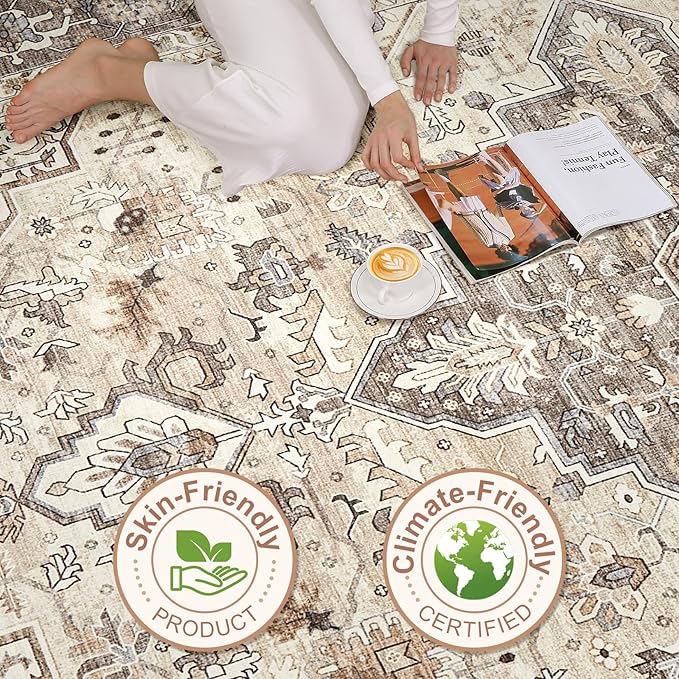 7x9 Area Rug Living Room: Washable Boho Large Neutral Vintage Soft Rugs Stain Resistant Farmhouse Non-Slip Indoor Floor Carpet for Bedroom Nursery Kids Playroom Office Dining Room- Beige Brown