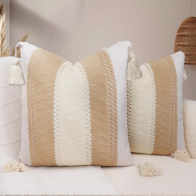 Boho Throw Pillow Covers 18x18in Set of 2,Beige Neutral Pillow Case with Tassel for Large Couch Sofa Room Home Indoor Outdoor Holiday Decorations