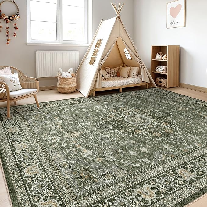 8x10 Area Rugs Living Room: Washable Boho Large Neutral Vintage Soft Rug Stain Resistant Farmhouse Non-Slip Indoor Floor Carpet for Bedroom Nursery Kids Playroom Office Dining Room Home- Dark Green