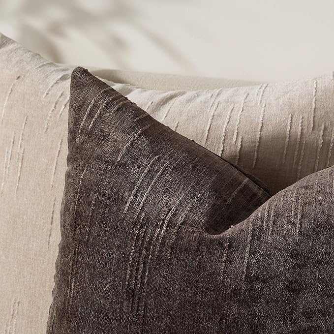 Set of 2 Soft Textured Throw Pillow Covers 18x18,Invisible Zipper Neutral Cushion Cases, Easy - Care Decorative Farmhouse Home Decor for Living Room Couch (Dark Brown, 18" x 18" (Pack of 2))