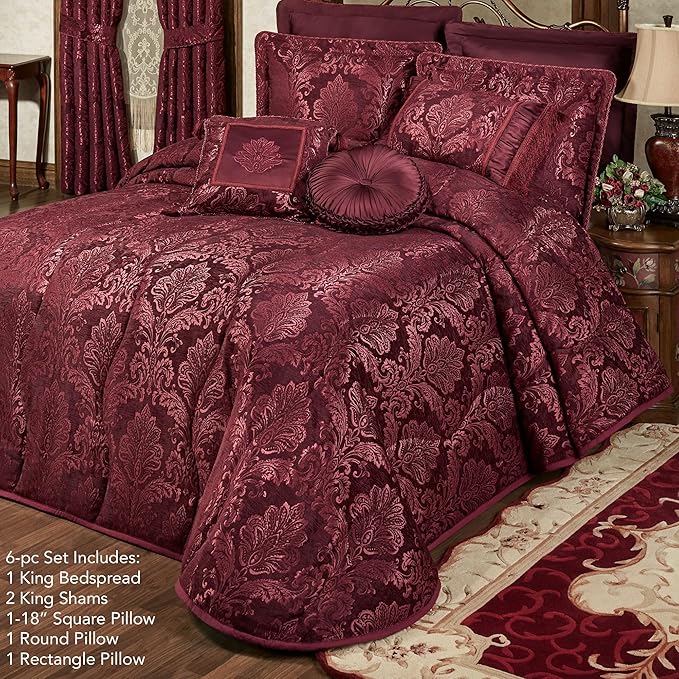 Touch of Class Camelot Luxury Bedding | Robust Burgundy | Matte Satin Damask on Textured Jacquard-Woven Chenille 6 Piece Set Includes King Quilted Bedspread, 2 King Shams, and 3 Decorative Pillows