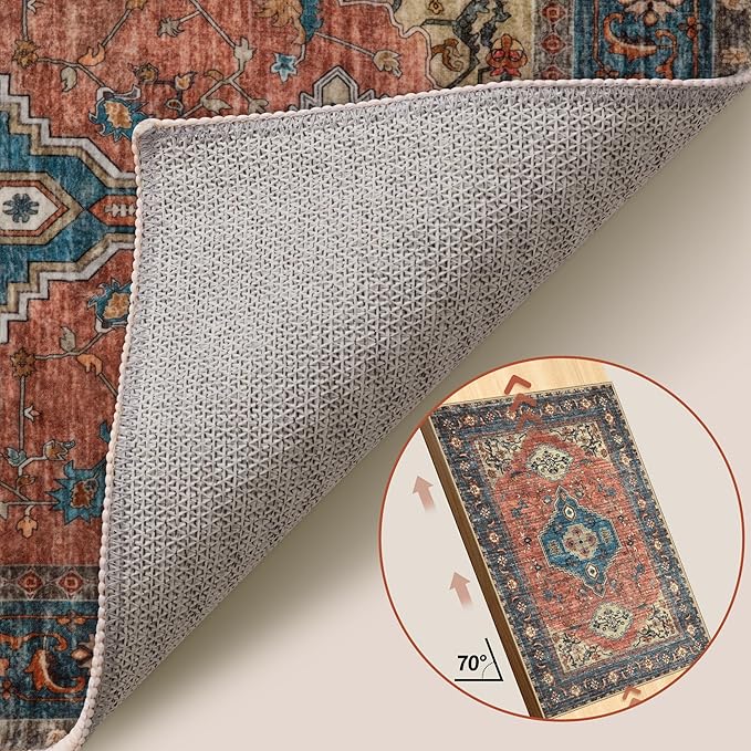 Tangsoo 2.6x10 Washable Runner Rug for Hallways, Non Slip Vintage Runner Rug, Soft Low Pile Long Rug Runner, Print Distressed Carpet Runners for Kitchen Bedroom Entryway Living Room Terracotta