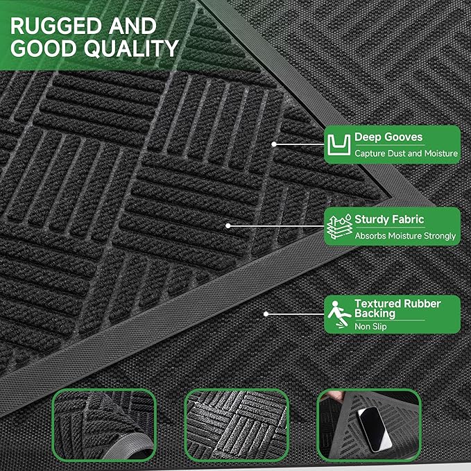 Front Door Mat, Heavy Duty Indoor Outdoor Doormat, 60" x 48" Low Profile Outdoor Mats for Home Entrance, Stain and Fade Resistant Welcome Mat Ideal for High Traffic Area, Diamond Black