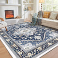OPPODREAM Thin Area Rugs 5x7, 5x7 Washable Rug with Non Slip Backing, 5 x 7 Faux Cashmere Low-Pile Carpet, Navy Blue & Gold