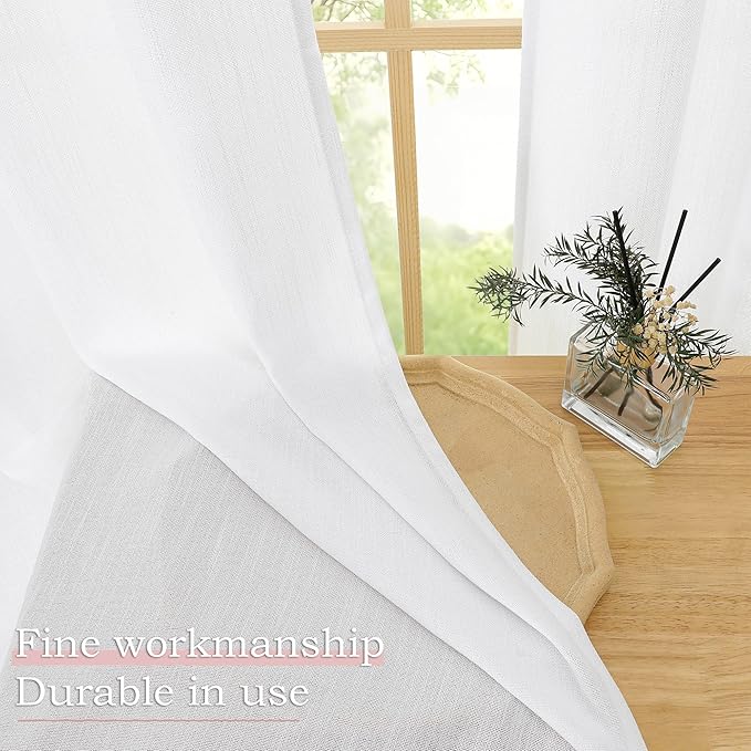 Simplebrand White Semi Sheer Faux Linen Textured Curtains 54 Inch Length 2 Panels Set, Rod Pocket Farmhouse Short Curtain Drapes for Dinning Small Windows Bathroom Bedroom, Each 40Wx54L in, White
