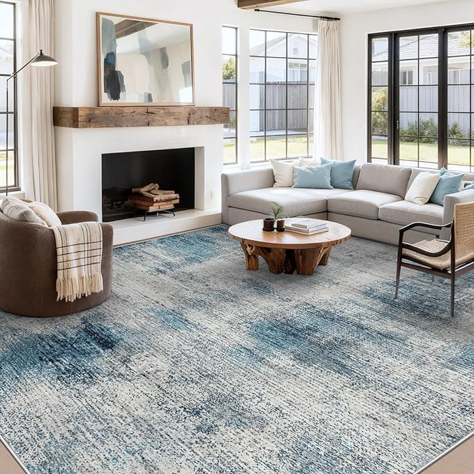 9x12 Area Rugs for Living Room: Washable Modern Abstract Rug Large Soft Non-Slip Rugs Indoor Low-Pile Carpet for Bedroom Dining Room Home Office (Blue, 9'x12')