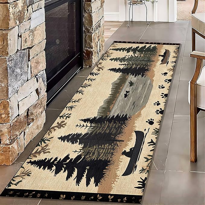 Vintage Bear Claw Fishing Boat Rug 4x12ft Elk Pine Forest Bohemian Carpet, Non-Slip Nursery Rug with Washable Surface, Brown Retro Floor Mat for Cabin Decor