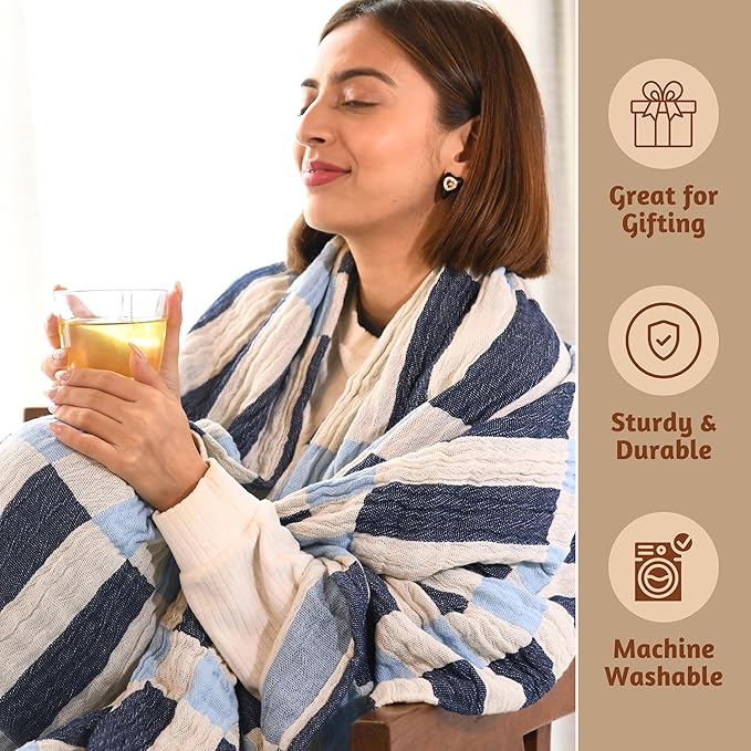Folkulture Throw Blanket for Couch 50" x 60" |100% Recycled Cotton Couch Christmas Throw Blanket for Chair, Boho Throws Blankets for Bed,Sofa, Lightweight |Guest Room Must Haves Blanket | Winter Blue