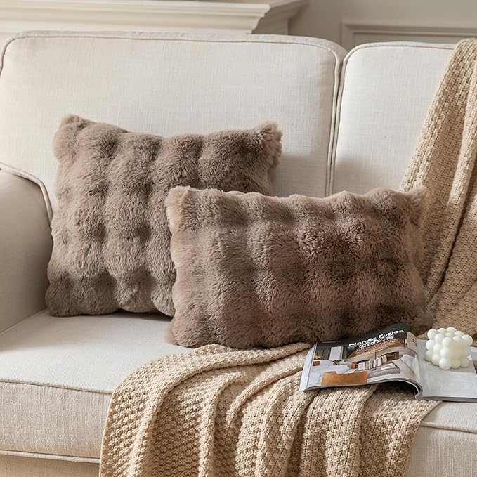 Pack of 2 Thick Plush Throw Pillow Covers Fluffy Wave Faux Fur Decorative Cushion Covers Soft Wool Pillowcase for Sofa Couch Livingroom 12x20 Inch Taupe