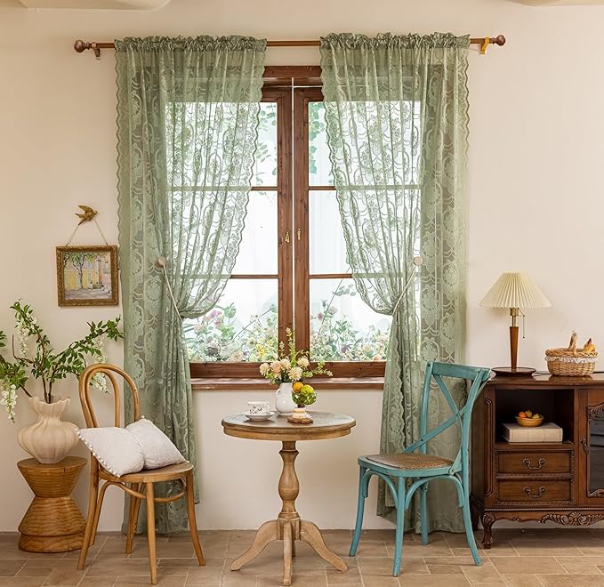 Green Lace French Delicacy Curtains 96 Inches Long -Rod Pocket Luxury Vintage Bow Butterfly Sheer Lace Flower Curtains for Living Room Bedroom，52 x 96 Inch, 2 Panels