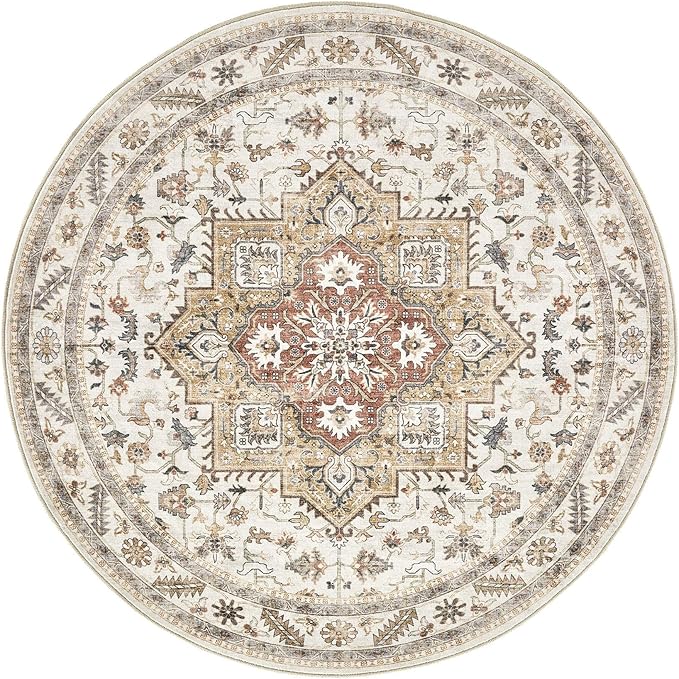 6ft Round Vintage Living Room Area Rug - 6x6 Large Soft Washable Oriental Traditional Distressed Farmhouse Rugs for Bedroom - Indoor Floor Accent Carpet for Home Office House Decor - Golden Taupe
