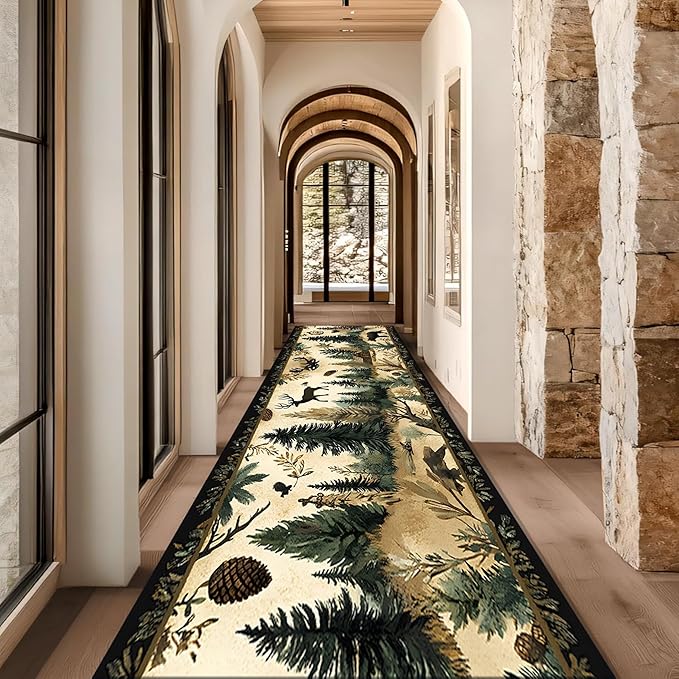 Brown Bohemian Bear Runner Rug 2x7ft with Elk Cabin Pinecone - Foldable Vintage Floor Mat for Farmhouse Decor, Thick Non-Skid Rug Indoor Outdoor Use, Forest Lawn Pattern