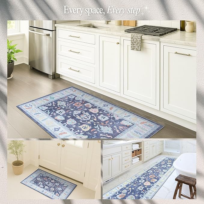 Fame Rugs Navy Blue Modern Oushak Rug 6x9, Vintage Turkish Colorful Oriental Antique Inspired Washable Large Area Rugs, Luxury Living Room Bedroom (388NB, 6' x 9')