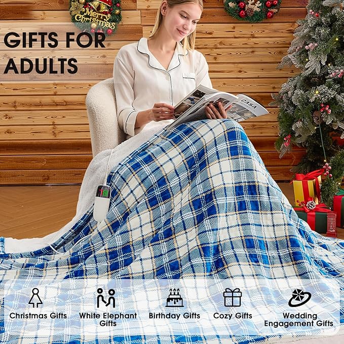 Heated Electric Blanket Queen Size, 84X90 Heating Blanket Queen with Dual Control&10 Heats Levels&Timer for Bed,Blue Plaid Sherpa Soft Blankets Warmer Gift for Grandma Women Adults, Washable