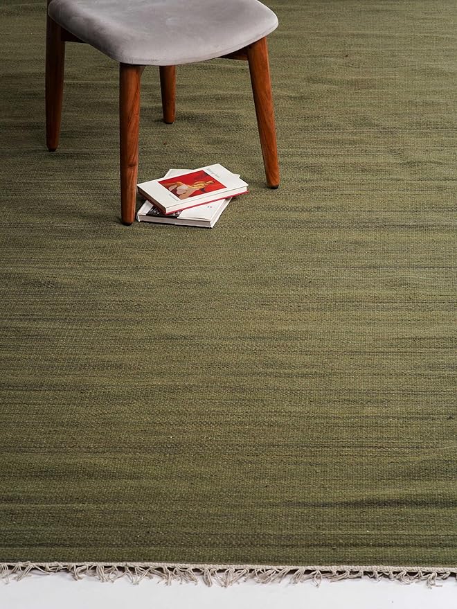 Rugsotic Carpets Hand Woven Flat Weave Kilim Wool 4'x6' Area Rug Solid Olive D00111