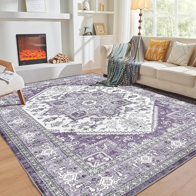 OPPODREAM Thin 6x9 Area Rugs, Washable Rug 6x9 with Non Slip Backing, Faux Cashmere Low-Pile 6 x 9 Carpet, Purple
