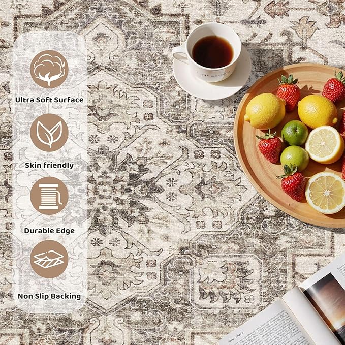 6ft Round Vintage Living Room Area Rug - 6x6 Large Soft Washable Oriental Traditional Distressed Farmhouse Rugs for Bedroom - Indoor Floor Accent Carpet for Home Office House Decor - Light Brown