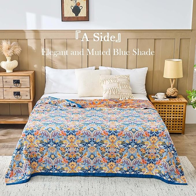 Blue Orange Fall Blanket 60"x 80" Boho Throw Blankets for Couch Bed Chair, 100% Cotton Quilts Warm Soft Blanket Muslin Bed Blankets Home Decor Farmhouse Warm Throws Gifts for Women Mom