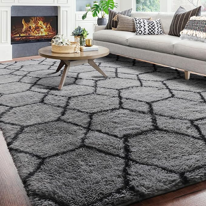 ONASAR 6x9 Area Rugs for Living Room Bedroom, Washable Large Fluffy Grey and Black Throw Rug, Geometric Soft Plush Shaggy Fuzzy Floor Carpet for Nursery Kids Girls Boys Teen Dorm Home Office Decor