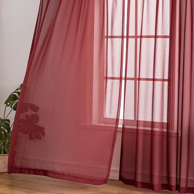 MAIHER Red Pinch Pleat Curtains 108 Inches Long Sheer 9ft Curtains Soft Touch Tree Branch Textured Pleated Drapes with Adjustable Hooks for Bedroom Living Room, Burgundy, 42" W x 108" L, 2 Panels